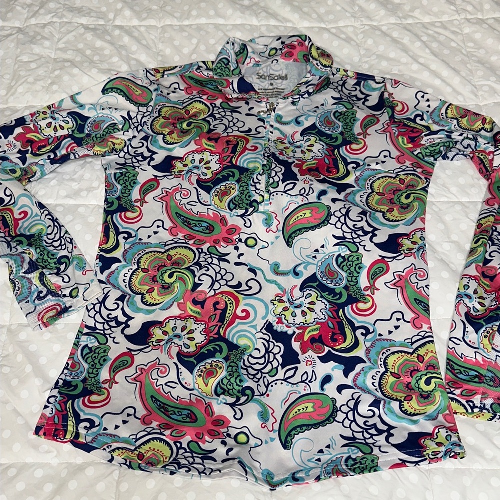 San Soleil 1/4 Zip Pullover Top Mesh Long Sleeve UPF 50 Paisley Womens S